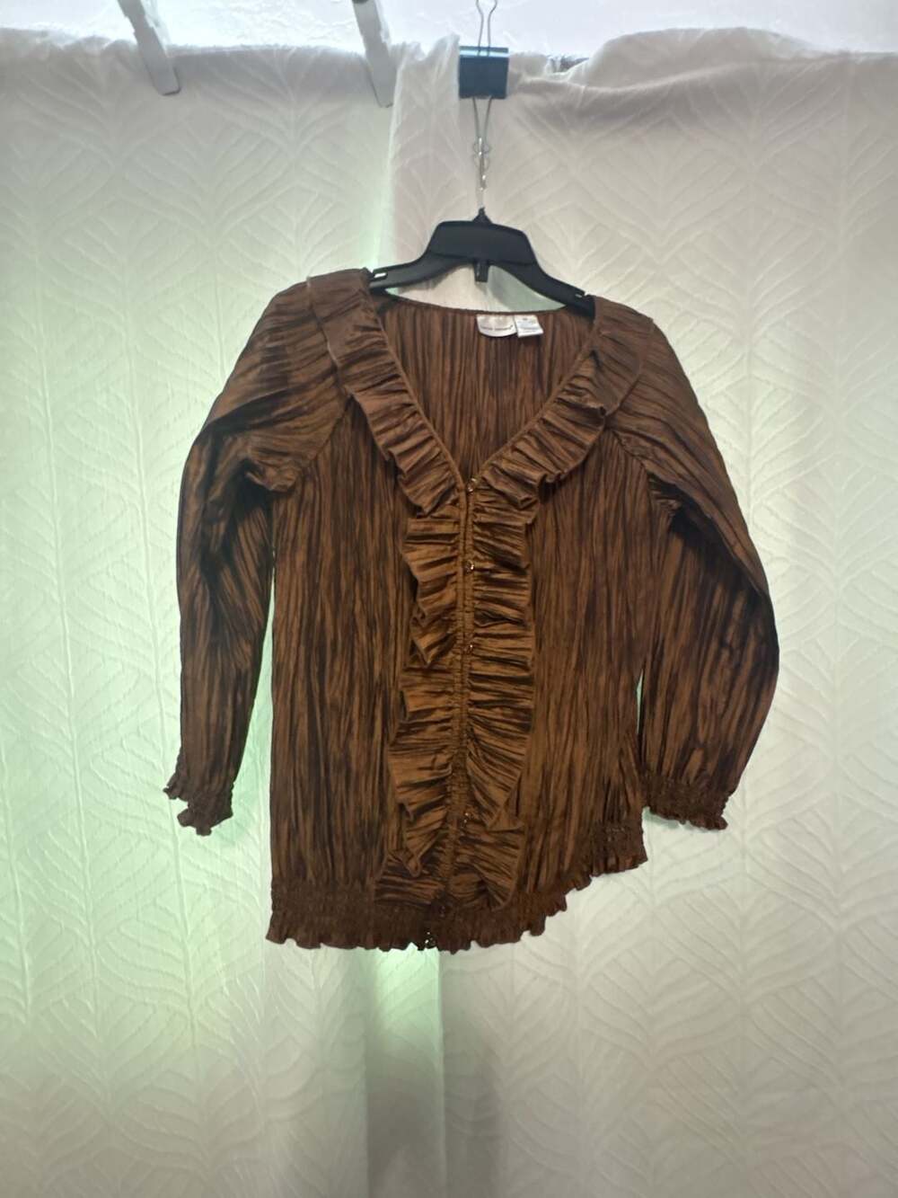 harvé benard Brown Crinkle Satin Ruffle Long Sleeve Blouse Medium